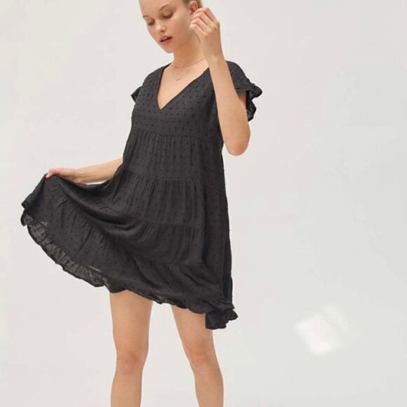 Urban Outfitters Tiered Clip Dot Mini Shift Dress Black Small - Picture 1 of 14